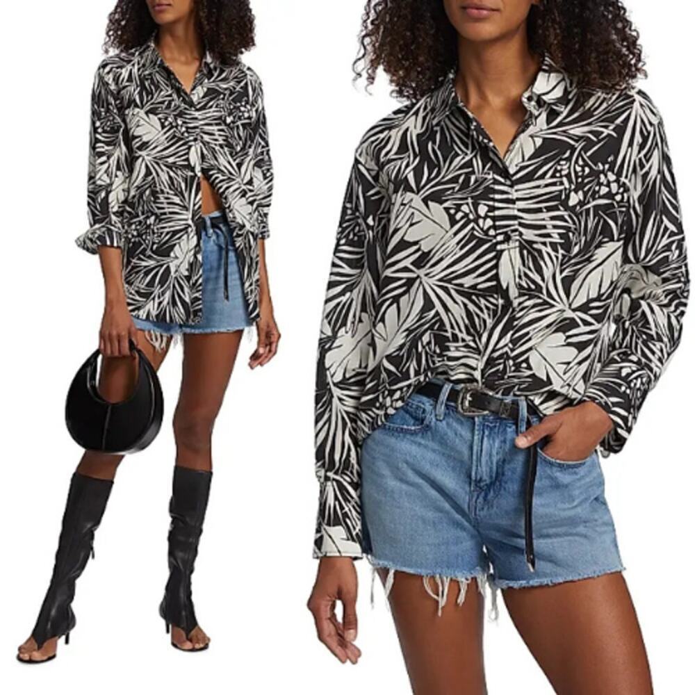 Frame The Oversized Silk-Blend Palm Button Shirt Noir Multi Women's Size Medium